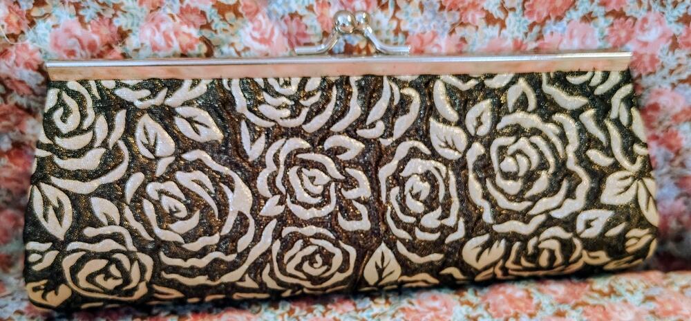 Evening Bag Black Embossed Silver Roses Silver Clasp Closure